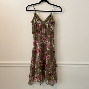 NEW Green Floral Y2K Babydoll Dress Size 2 Handkerchief Hem Velvet Fairy Grunge